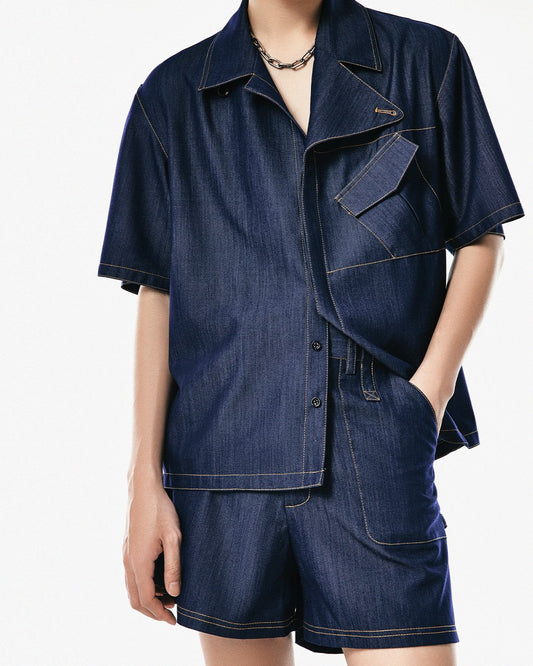 Unisex Midnight Blue Silk Denim Relaxed Fit Shirt