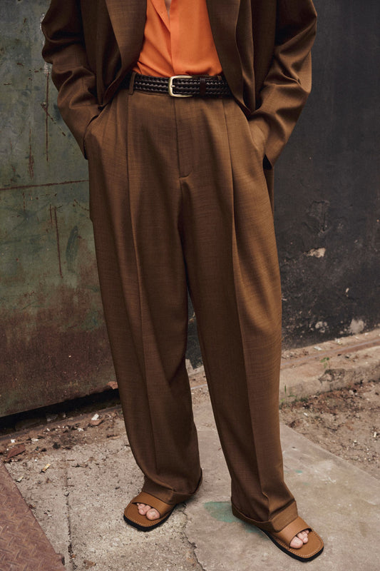 brown-silk-linen-dart-pleated-curved-leg-pants-FORTYTHREE