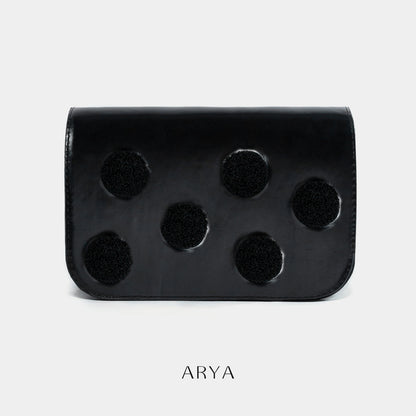 BLACK POLKA DOT BAG by ARYA in synthetic microfiber leather, 8.66 x 5.51 x 3.15 inches