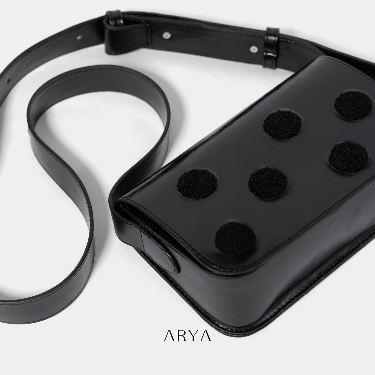 BLACK POLKA DOT BAG by ARYA in synthetic microfiber leather, 8.66 x 5.51 x 3.15 inches