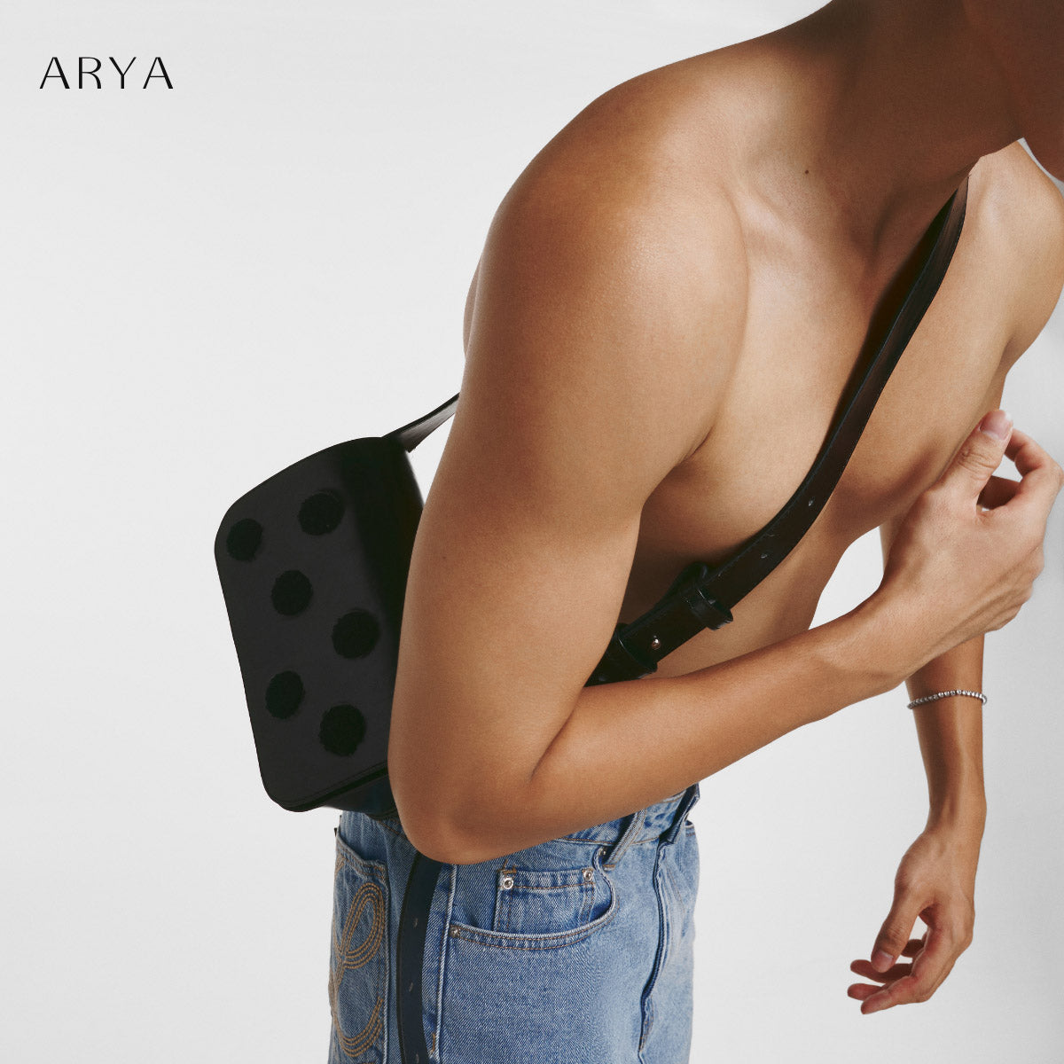 BLACK POLKA DOT BAG by ARYA in synthetic microfiber leather, 8.66 x 5.51 x 3.15 inches