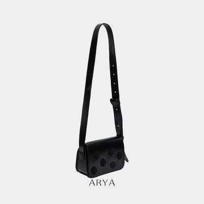 BLACK POLKA DOT BAG by ARYA in synthetic microfiber leather, 8.66 x 5.51 x 3.15 inches