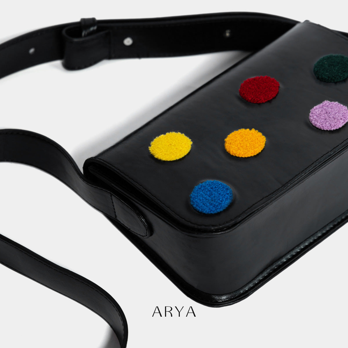 COLORFUL POLKA DOT BAG by ARYA in synthetic microfiber leather, 8.66 x 5.51 x 3.15 inches.