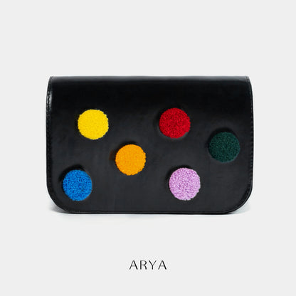 COLORFUL POLKA DOT BAG by ARYA in synthetic microfiber leather, 8.66 x 5.51 x 3.15 inches.