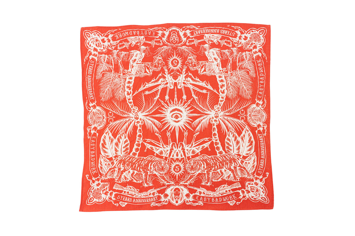 5 YEARS-RED bandana by EASYBADWORK, 100% linen-cotton blend with a discharged screenprint design.